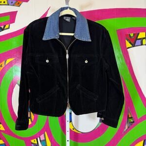 Liz Wear, Black Velvety Jacket with Classic Trucker Style. Size Medium.